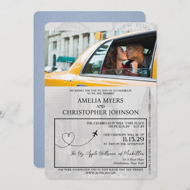 Invitation Dusty Blue New York City Passport Mariage (Devant / Derrière)