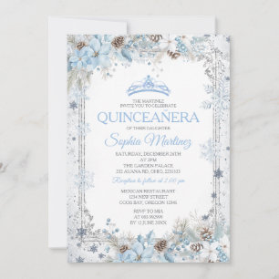 Invitation Dusty Blue Noël Floral Flocon de neige Quinceañera