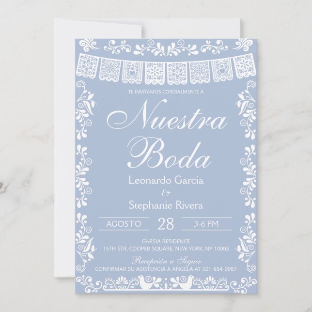Invitation Dusty Blue Nuestra Boda Papel Picado Wedding (Devant)
