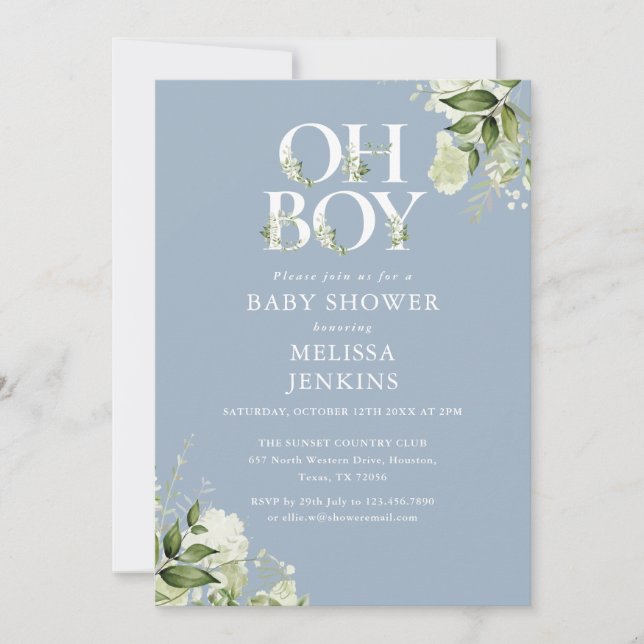 Invitation Dusty Blue Oh Boy Green Tout en un Baby shower (Devant)