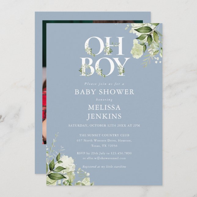 Invitation Dusty Blue Oh Boy Greenery Baby shower photo (Devant / Derrière)
