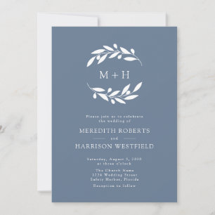 Invitation Dusty Blue Olive Branch Monogram Wreath Mariage
