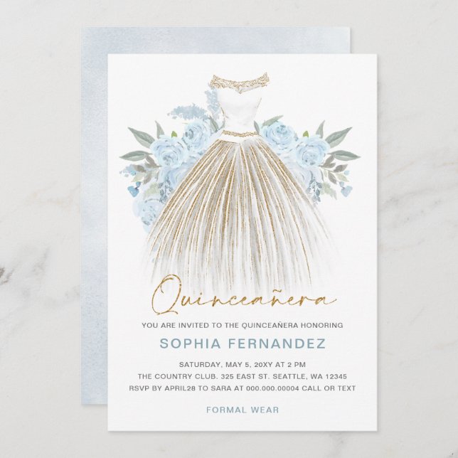 Invitation Dusty Blue or parties scintillant Floral Robe Quin (Devant / Derrière)