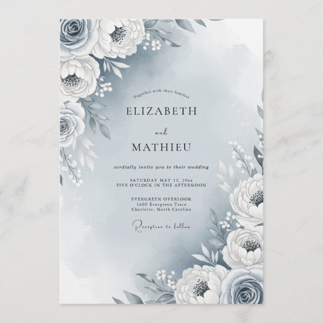 Invitation Dusty Blue Painterly Flora Wedding (Devant)