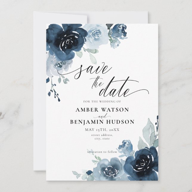 Invitation Dusty Blue Pastel Fleuron Marine Enregistrer La Da (Devant)