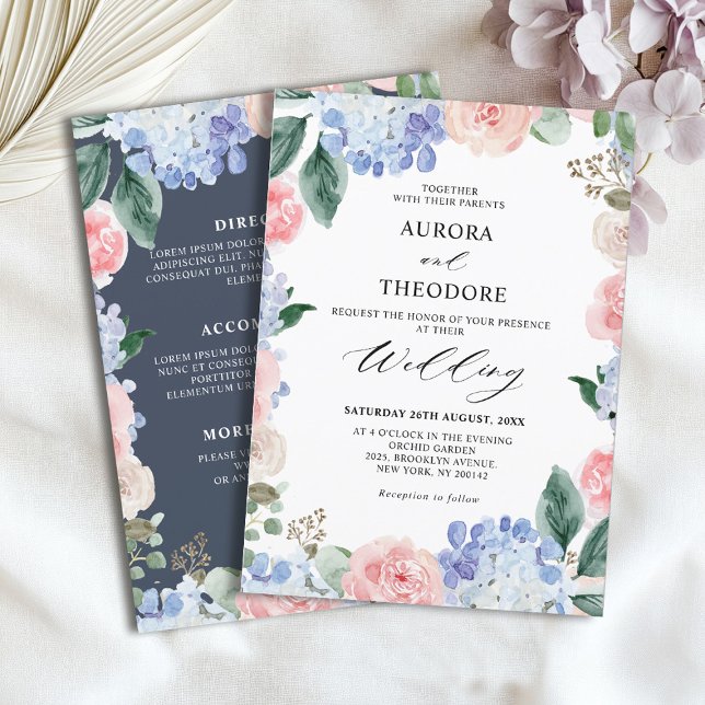 Invitation Dusty Blue Pastel Pink hydrangeas Mariage (Dusty Blue Pastel Pink hydrangeas Wedding Invitation)