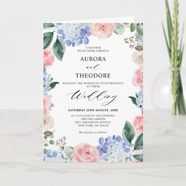 Invitation Dusty Blue Pastel Pink hydrangeas Mariage plié (Devant)