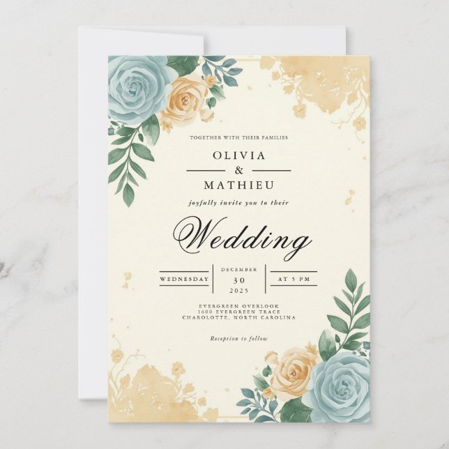 Invitation Dusty Blue & Peach Blossom Mariage (Devant)