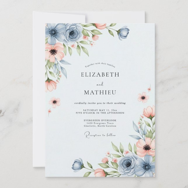 Invitation Dusty Blue Peach Breezy Spring Wedding (Devant)
