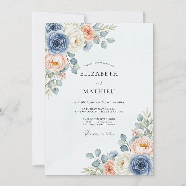 Invitation Dusty Blue Peach Delicate Spring Wedding (Devant)
