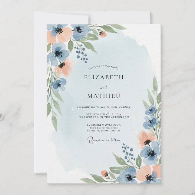 Invitation Dusty Blue Peach Dreamy Spring Wedding (Devant)