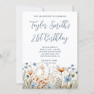 Invitation Dusty Blue Peach Fleurs sauvages 21e anniversaire