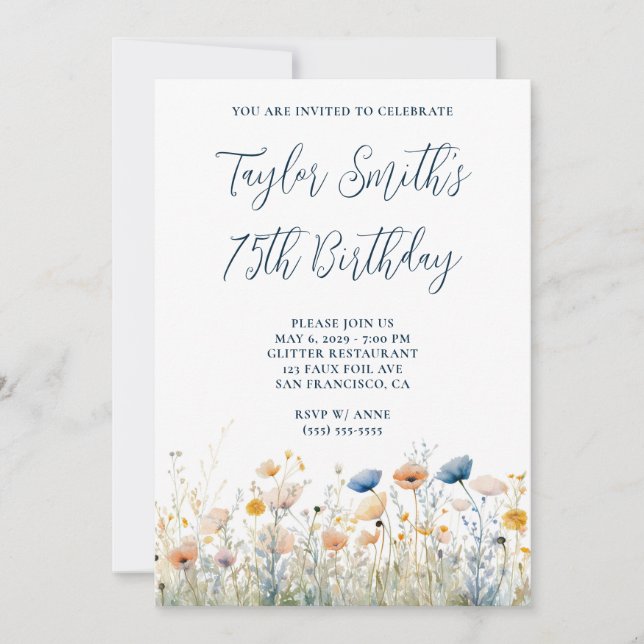 Invitation Dusty Blue Peach Fleurs sauvages 75e anniversaire (Devant)