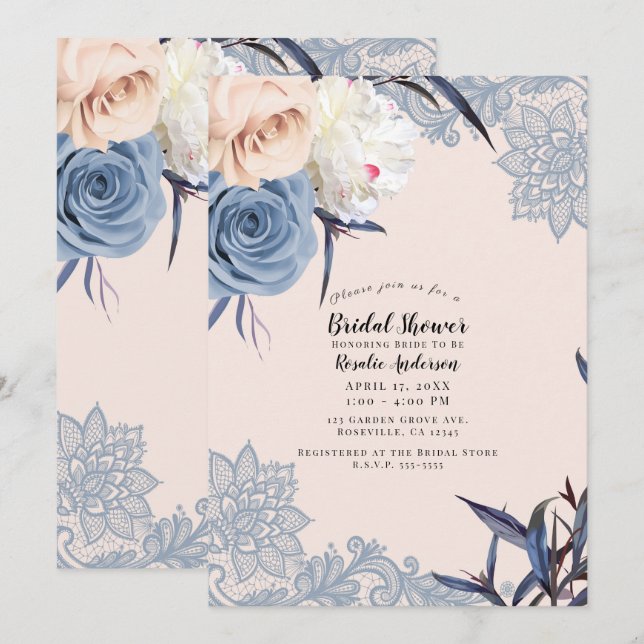 Invitation Dusty Blue & Peach Floral Lace Fête des mariées (Devant / Derrière)