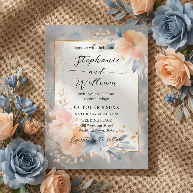 Invitation Dusty Blue Peach Watercolor Floral Gold Wedding (Créateur téléchargé)