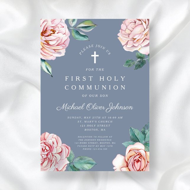 Invitation Dusty Blue Peonies Religieux Garçon Première Commu (Dusty Blue Peonies Religious Boy First Communion Invitation)