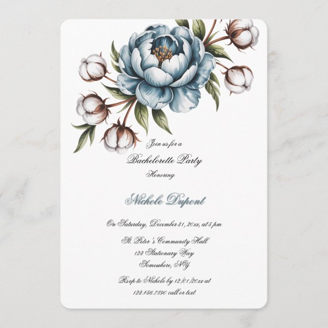 Invitation Dusty Blue Peony and Cotton Bachelorette Party (Devant)