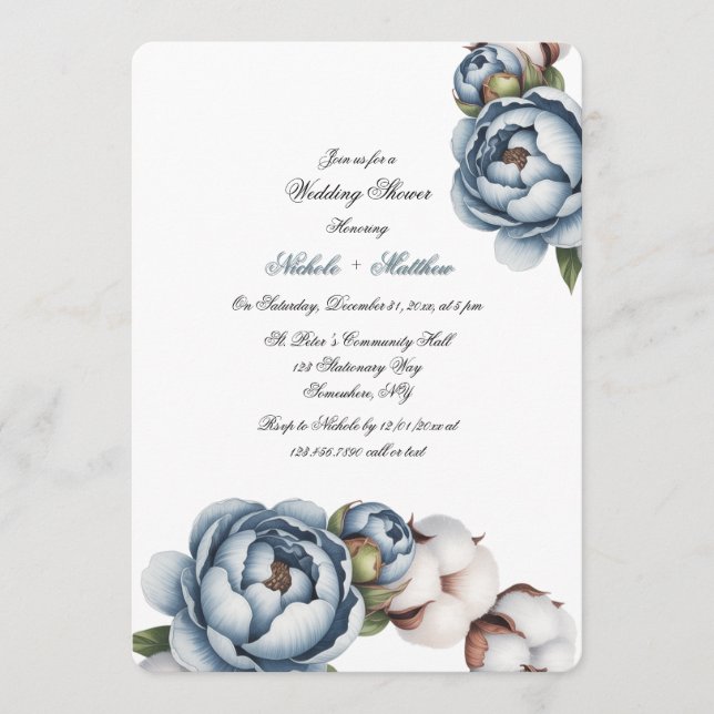 Invitation Dusty Blue Peony and Cotton Wedding Shower (Devant)