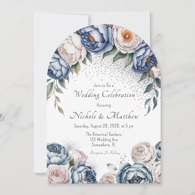 Invitation Dusty Blue Peony Rose et Mariage Parties scintilla (Devant)