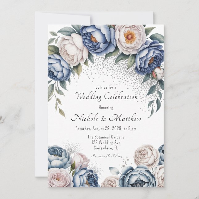 Invitation Dusty Blue Peony Rose et Mariage Parties scintilla (Devant)