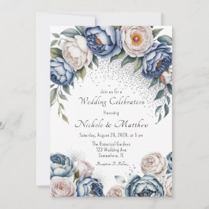 Invitation Dusty Blue Peony Rose et Mariage Parties scintilla