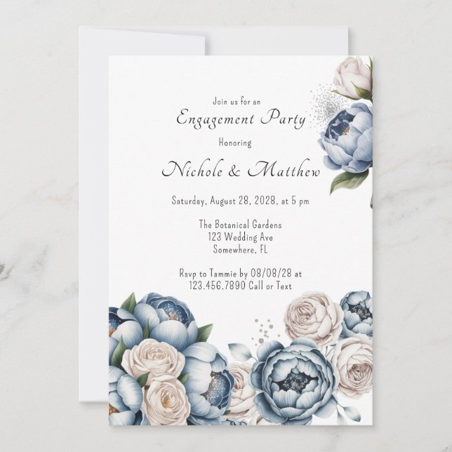Invitation Dusty Blue Peony Rose et Parties scintillant (Devant)