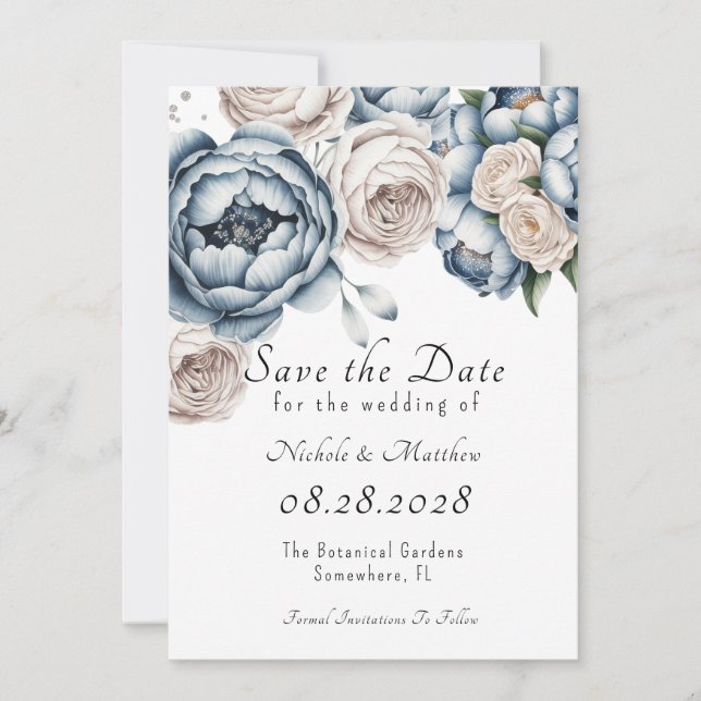 Invitation Dusty Blue Peony Rose & Parties scintillant Enregi (Devant)