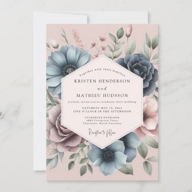 Invitation Dusty Blue Petal Romance Wedding (Devant)