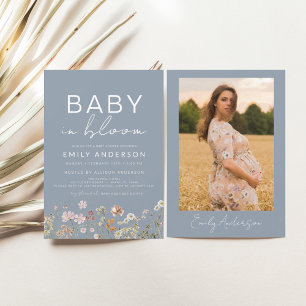 Invitation Dusty Blue Photo Fleur sauvage Baby in Bloom Douch