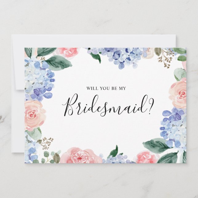 Invitation Dusty Blue Pink hydrangeas Bridesmaid Proposition (Devant)