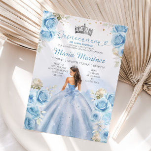 Invitation Dusty Blue Princess Floral Silver Quinceañera