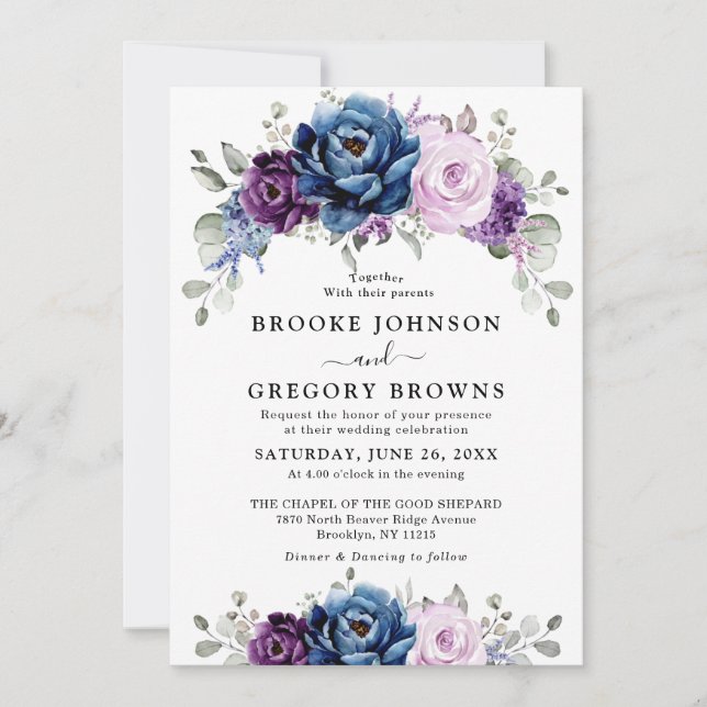 Invitation Dusty Blue Purple Navy Lilac Blooms Mariage (Devant)