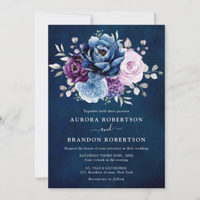 Invitation Dusty Blue Purple Navy Lilac Blooms Mariage Elegan (Devant)