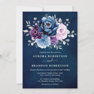 Invitation Dusty Blue Purple Navy Lilac Blooms Mariage Elegan