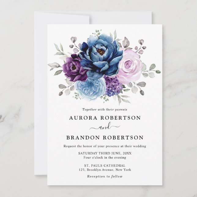 Invitation Dusty Blue Purple Navy Lilac Blooms Mariage Elegan (Devant)