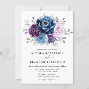 Invitation Dusty Blue Purple Navy Lilac Blooms Mariage Elegan