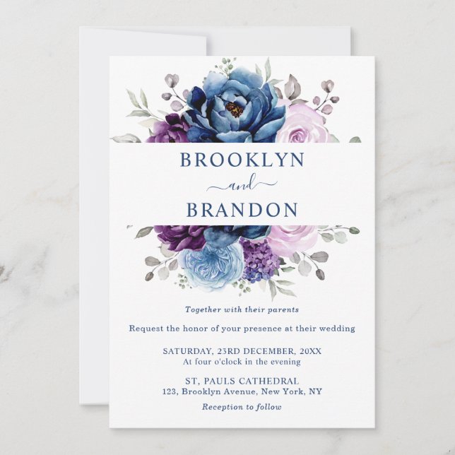 Invitation Dusty Blue Purple Navy Lilac Blooms Mariage Invita (Devant)
