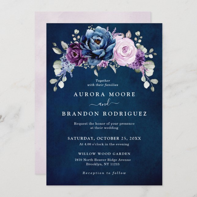 Invitation Dusty Blue Purple Navy Lilac Blooms Mariage Invita (Devant / Derrière)