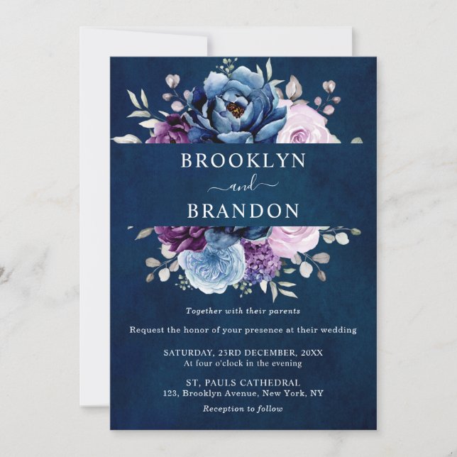 Invitation Dusty Blue Purple Navy Lilac Blooms Mariage Invita (Devant)
