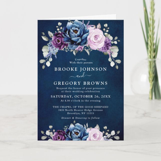Invitation Dusty Blue Purple Navy Lilac Blooms Mariage Invita (Devant)