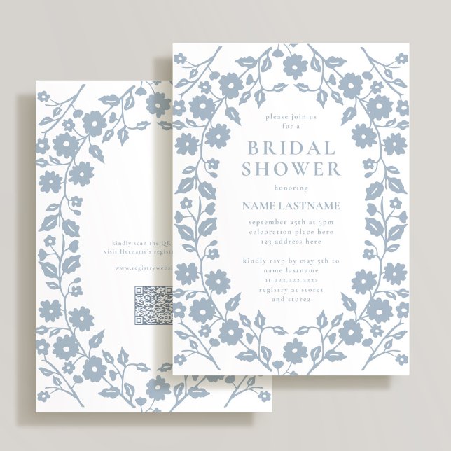 Invitation Dusty Blue QR Code Blanc Folk Floral Fête des mari (Créateur téléchargé)
