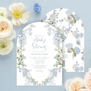Invitation Dusty Blue QR Code Floral Baby shower d'aquarelle