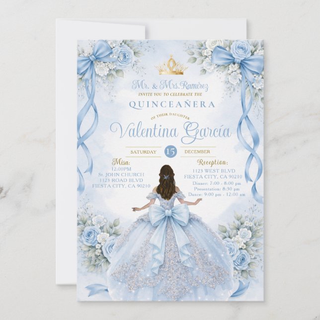 Invitation Dusty Blue Quinceañera with Bow (Devant)