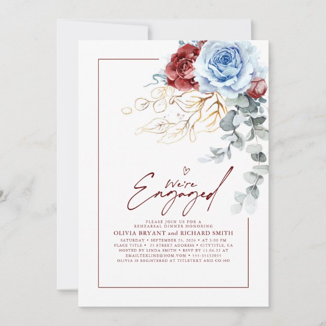 Invitation Dusty Blue Red Floral Engagement Party Photo (Devant)