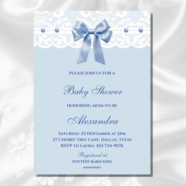 Invitation Dusty Blue Regency Bow Pearl Lace Baby shower (Créateur téléchargé)