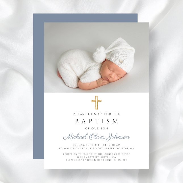 Invitation Dusty Blue Religieux Cross Boy Photo Baptême (Dusty Blue Religious Cross Boy Photo Baptism Invitation)
