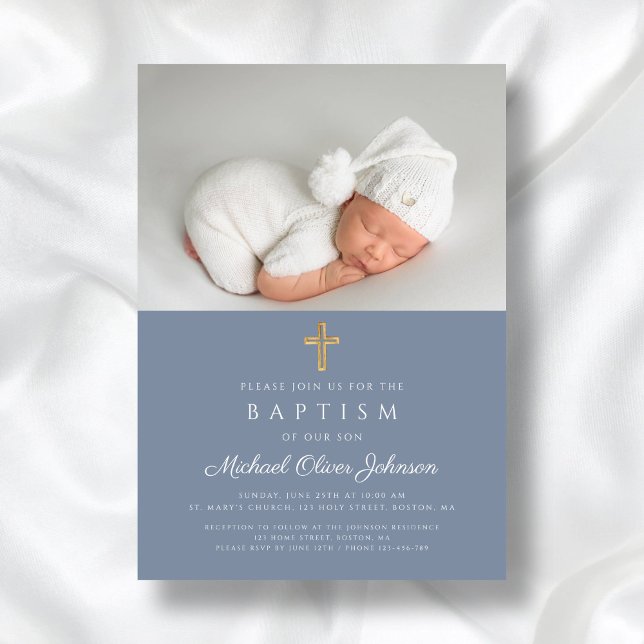 Invitation Dusty Blue Religieux Cross Boy Photo Baptême (Dusty Blue Religious Cross Boy Photo Baptism Invitation)