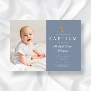 Invitation Dusty Blue Religieux Cross Boy Photo Baptême