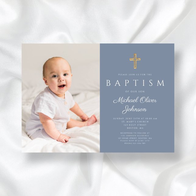 Invitation Dusty Blue Religieux Cross Boy Photo Baptême (Dusty Blue Religious Cross Boy Photo Baptism Invitation)