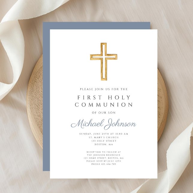 Invitation Dusty Blue Religious Cross Boy First Communion (Dusty Blue Religious Cross Boy First Communion Invitation)